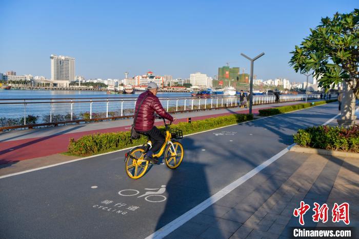 圖為市民騎行在剛剛開放不久的海口灣暢通工程騎行道，享受久別的藍天陽光?！●樤骑w 攝