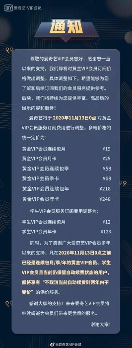 愛奇藝VIP會員漲價通知。截圖