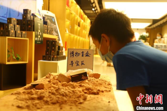 圖為在江西省博物館天工坊，一名小男孩端詳著已經(jīng)拆解完畢的“考古盲盒”現(xiàn)場?！⒄祭?攝