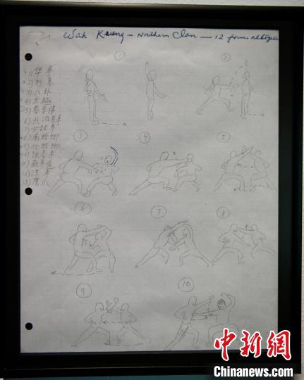 李小龍繪畫有關(guān)中國武術(shù)門派招式的手稿。　李志華 攝