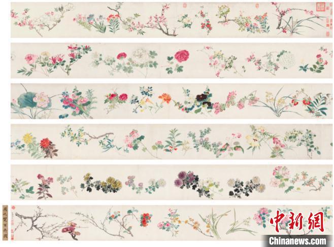 周之冕 《百花圖卷》手卷，設(shè)色紙本，尺寸32×1717 cm?！≈袊?guó)嘉德供圖