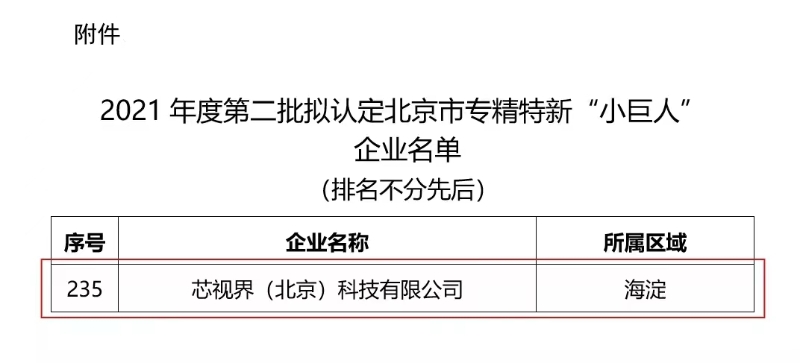 芯視界科技獲評(píng)北京市專精特新“小巨人”企業(yè)
