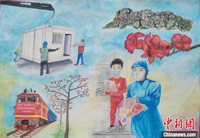 吳愛蓮畫作《木棉花下的抗疫英雄》?！≌褂[組委會(huì)供圖