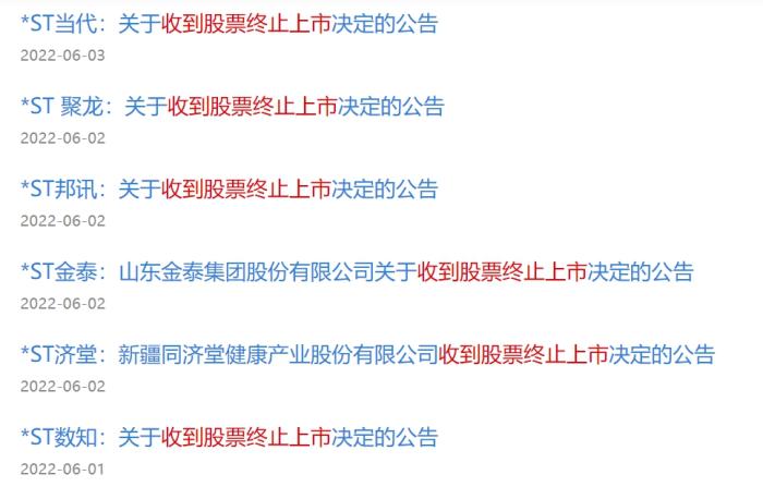 部分上市公司收到的股票終止上市決定的公告。