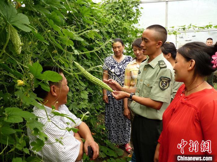 圖為官兵向民眾傳授蔬菜種植技術(shù)?！●R軍 攝