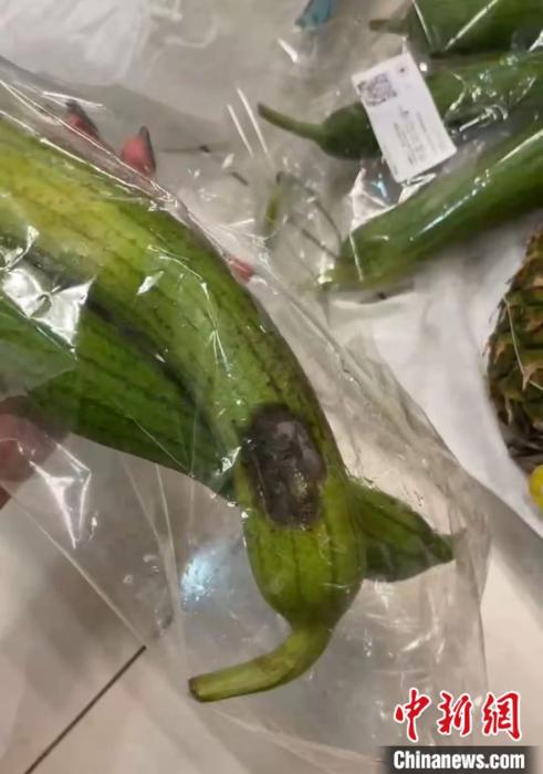 一消費(fèi)者向中新財(cái)經(jīng)展示其在某生鮮電商買到的爛絲瓜。 受訪者供圖。