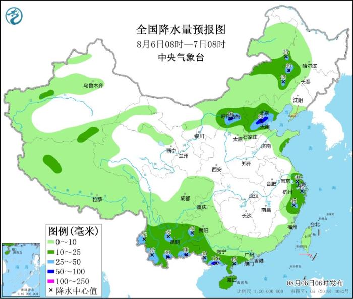 全國降水量預報圖(8月6日08時-7日08時)