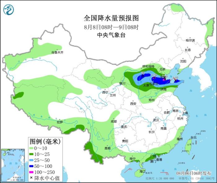 全國降水量預報圖(8月8日08時-9日08時)