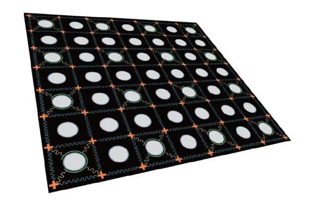 二維超導(dǎo)量子比特芯片示意圖, 每個橘色十字代表一個量子比特。（圖源：中國科學技術(shù)大學）