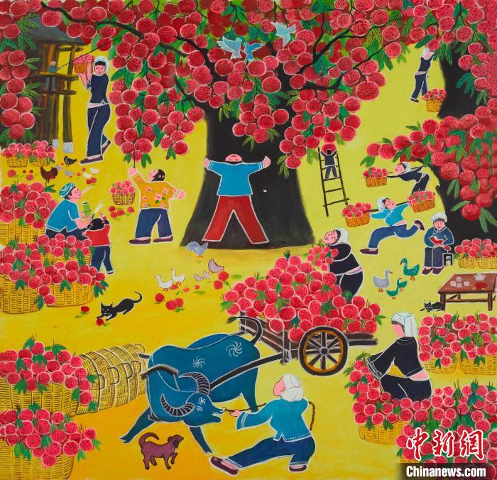 圖為廣西靖西農(nóng)民畫作品《南國滿園妃子笑》?！↑S金桃供圖