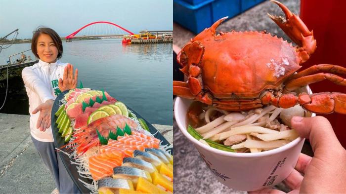 左為民進(jìn)黨“立委”周春米秀出滿滿生魚片。右為屏東縣長潘孟安曬出超級螃蟹飯湯。