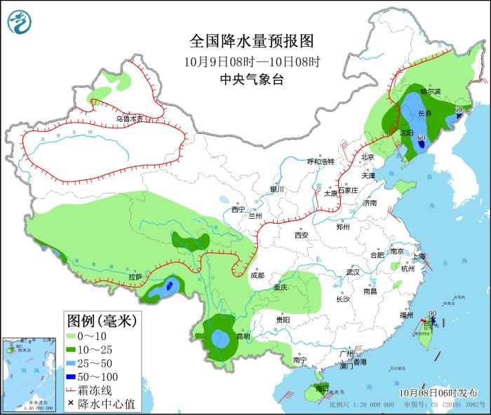全國降水量預(yù)報(bào)圖(10月9日08時(shí)-10日08時(shí))