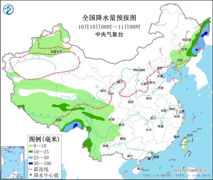 全國降水量預(yù)報圖(10月10日08時-11日08時)