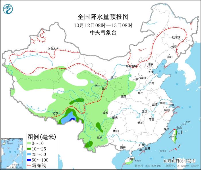 全國降水量預(yù)報圖(10月12日08時-13日08時)