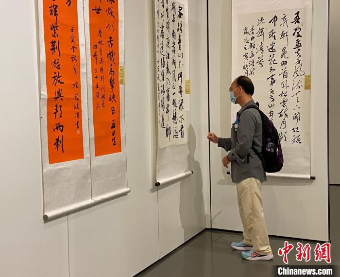入場人士觀賞書法作品?！∥喝A都 攝