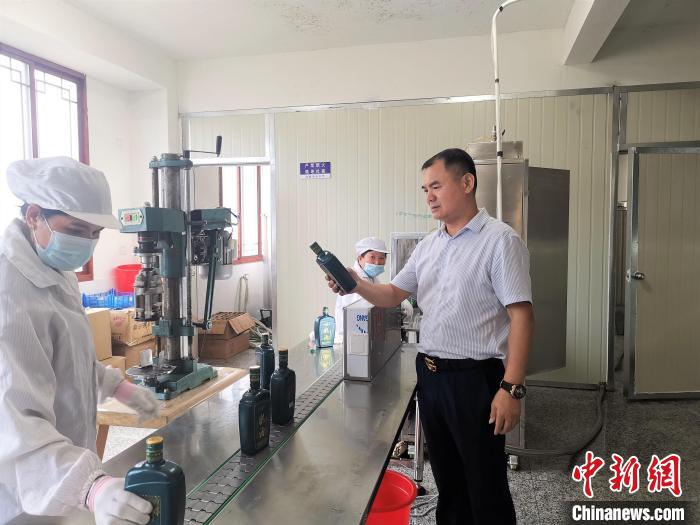 吳善遠(yuǎn)(右一)檢查黃酒包裝是否達標(biāo)。　屏南縣委組織部 供圖