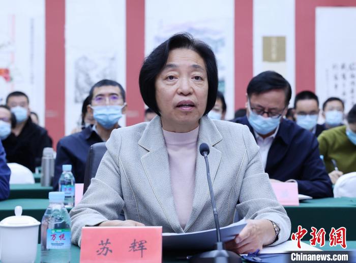 圖為全國政協(xié)副主席、臺(tái)盟中央主席蘇輝出席會(huì)議并發(fā)言?！∨_(tái)盟中央供圖