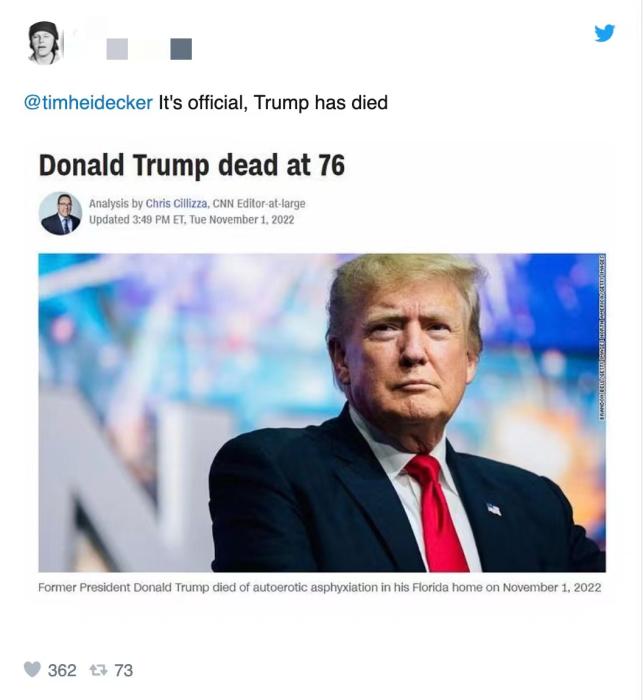 推特網(wǎng)友制作的“特朗普死了”CNN假報道截圖。