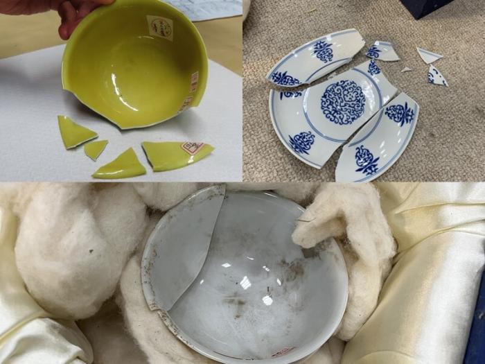 3件近期曝出破損的文物：明朝弘治款嬌黃綠彩雙龍小碗”(左上)、“清朝康熙款暗龍白里小黃瓷碗”(下)；“清朝乾隆青花花卉盤”(右上)。圖片來源：臺灣“中央社”(臺北故宮博物院提供)。