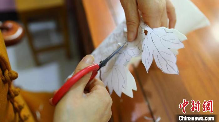 常鳳靈先用白色熟宣紙對(duì)照牡丹圖案裁剪成型，然后拼貼，再以工筆技法上色?！【抟翱h融媒體中心供圖