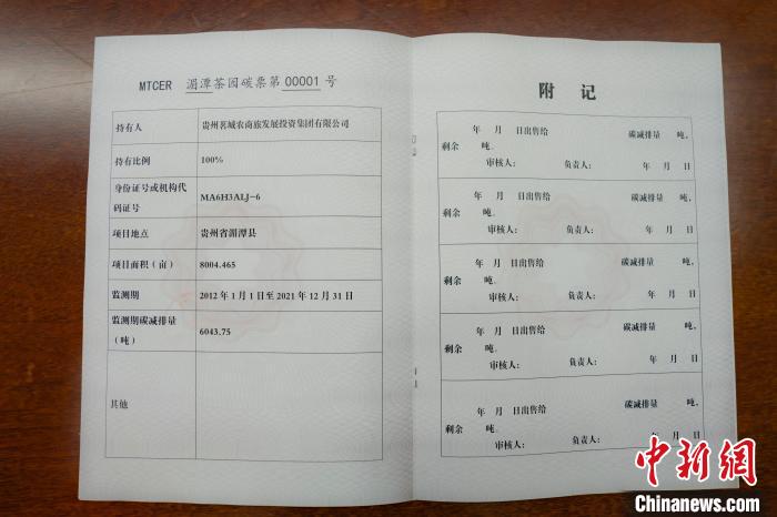 圖為茶園碳票。 湄潭縣融媒體中心供圖