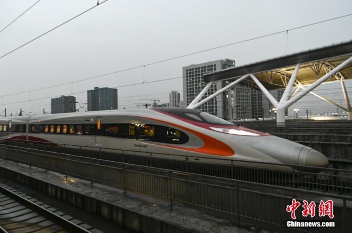 1月11日，廣東省廣州市，一列由香港西九龍站始發(fā)的高鐵列車抵達廣州南站。 <a target='_blank' href='/'>中新社</a>記者 陳驥旻 攝