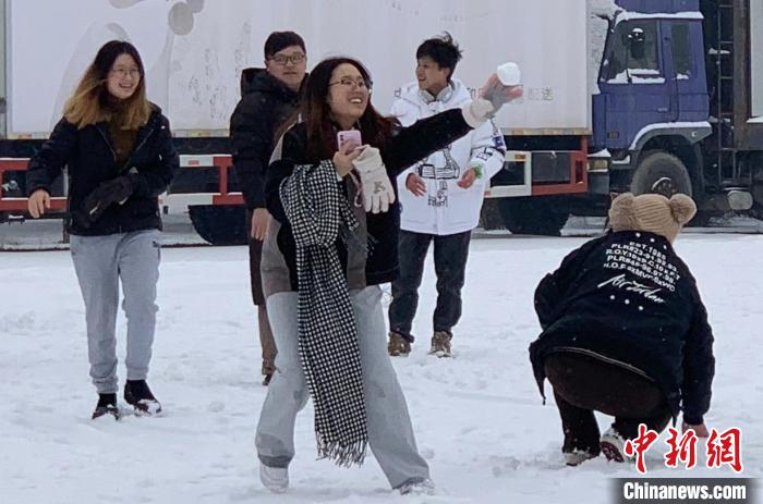 圖為臺胞青年與內(nèi)蒙古青年在打雪仗?！W藍(lán) 攝