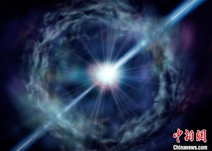 迄今發(fā)現(xiàn)的最亮伽馬射線暴(GRB 221009A)想象圖?！≈锌圃焊吣芩?供圖