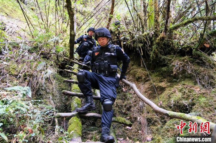 4月9日，拉郊邊境派出所移民管理警察在邊境地區(qū)原始森林進行戍邊巡邏?！〗w波 攝