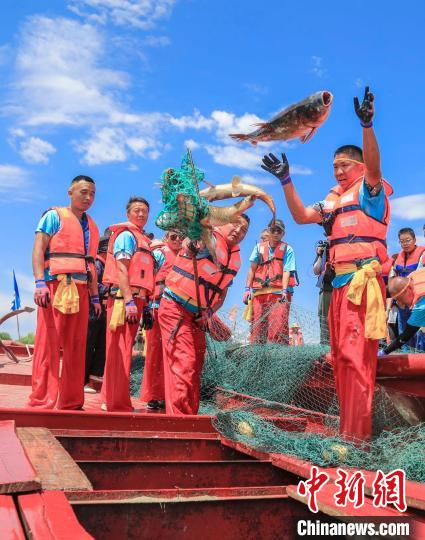 漁民們將魚拋進船艙?！∧昀?攝
