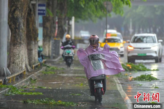 圖為海口市民冒雨出行。　駱云飛 攝