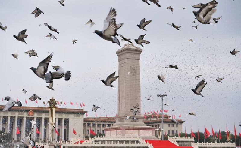 2021年7月1日上午，慶祝中國共產(chǎn)黨成立100周年大會在北京天安門廣場隆重舉行。這是慶祝大會現(xiàn)場和平鴿展翅高飛。（圖源：新華網(wǎng)）