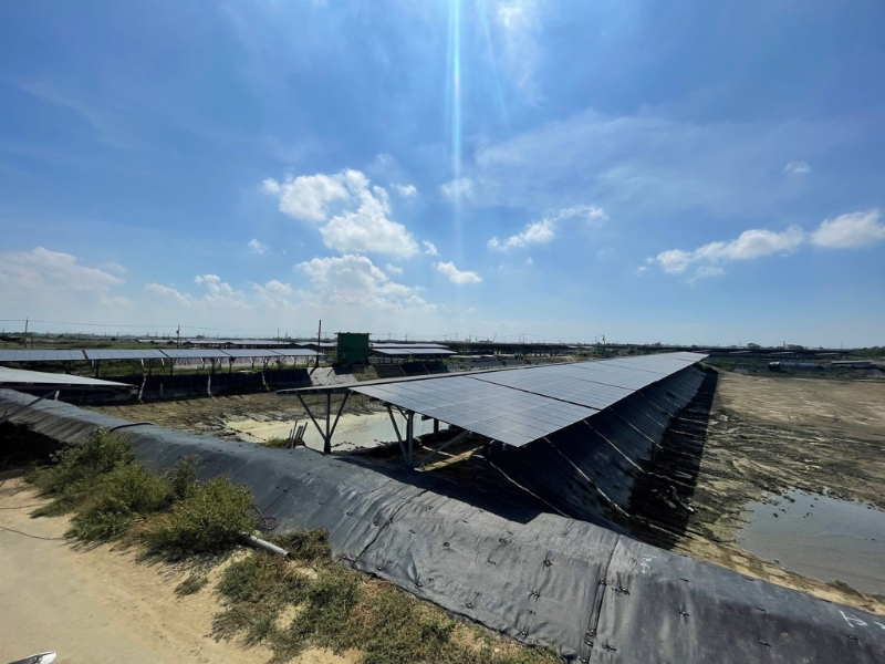 圖為魚塭漁電共生光電板盡量設(shè)于岸堤，減少遮蔽于池面積。（圖源：臺灣“中時新聞網(wǎng)”）