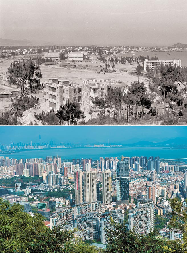 上圖為深圳蛇口工業(yè)區(qū)一瞥；下圖為2015年2月26日，廣東自貿(mào)區(qū)深圳前海蛇口片區(qū)內(nèi)的蛇口片區(qū)。（圖源：新華社）。